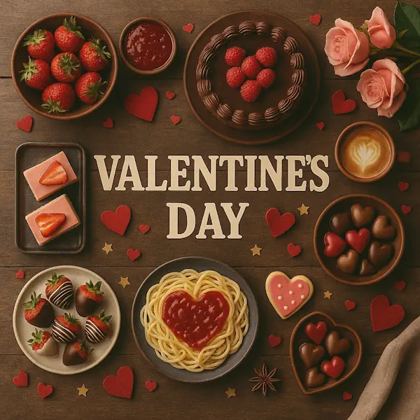 Top-down view of a rustic wooden table featuring a romantic Valentine's Day spread arranged around a central sign labeled VALENTINE'S DAY. Includes chocolate cake with raspberries, heart-shaped chocolates, strawberry cheesecake bars, chocolate-dipped strawberries, pasta with a heart-shaped tomato sauce center, latte art, and pink roses, all surrounded by red and gold heart-shaped decorations.