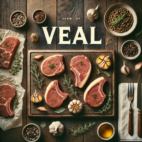 A rustic flat lay of veal on a medium-dark wooden table with horizontal planks. The scene includes veal chops, veal medallions, and roasted veal portions, arranged neatly on a wooden board with garnishes like herbs, garlic, and lemon slices. At the top, the word 'VEAL' is written in large cream-colored serif letters, centered and clearly visible.