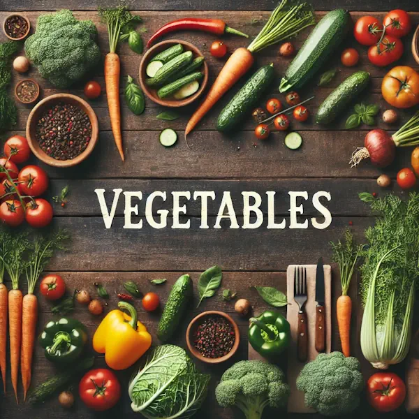 A rustic flat lay of vegetables on a medium-dark wooden table with horizontal planks. The selection includes carrots, tomatoes, bell peppers, broccoli, and zucchini, with herbs like parsley and basil scattered nearby. At the top, the word 'VEGETABLES' is written in large cream-colored serif letters, centered and clearly visible.