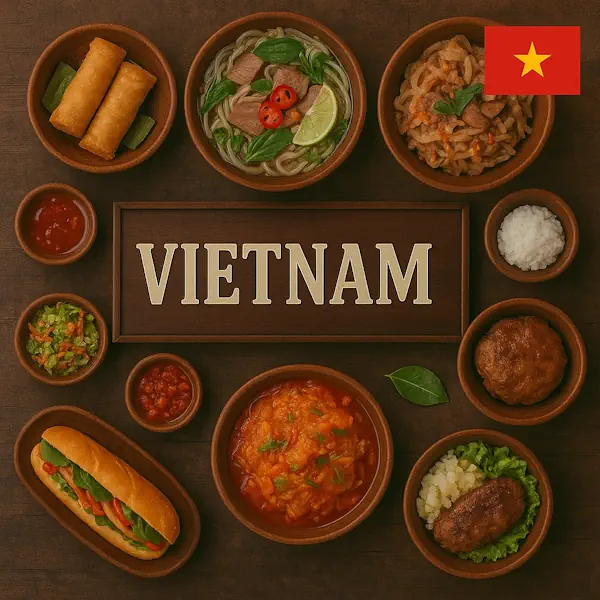 Authentic Vietnamese cuisine flat lay with pho, spring rolls, bánh mì, com tam rice, stir-fried noodles, fresh herbs, and dipping sauces in rustic wooden bowls, centered around VIETNAM sign with the national flag.