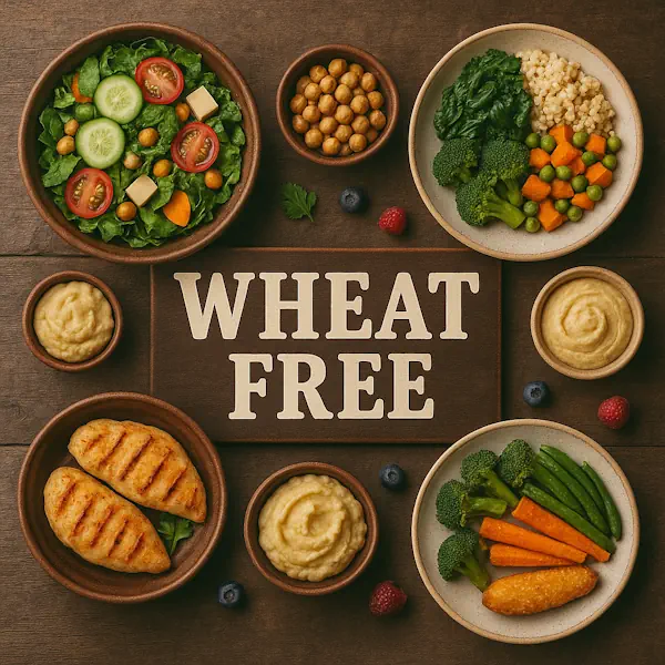 Top-down view of a rustic wooden table featuring an assortment of wheat-free dishes arranged around a central sign labeled WHEAT FREE. Includes grilled chicken, mixed salad, mashed potatoes, chickpeas, steamed vegetables, and fruit, all presented in ceramic and wooden bowls and plates.