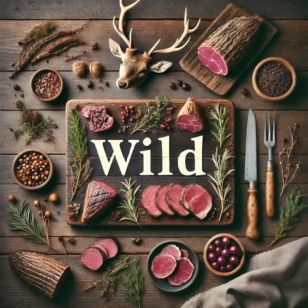 A rustic flat lay of wild game meat on a medium-dark wooden table with horizontal planks. The scene includes venison, wild boar, and rabbit cuts arranged on a wooden board with garnishes like herbs, juniper berries, and cranberries. At the top, the word 'WILD' is written in large cream-colored serif letters, centered and clearly visible.