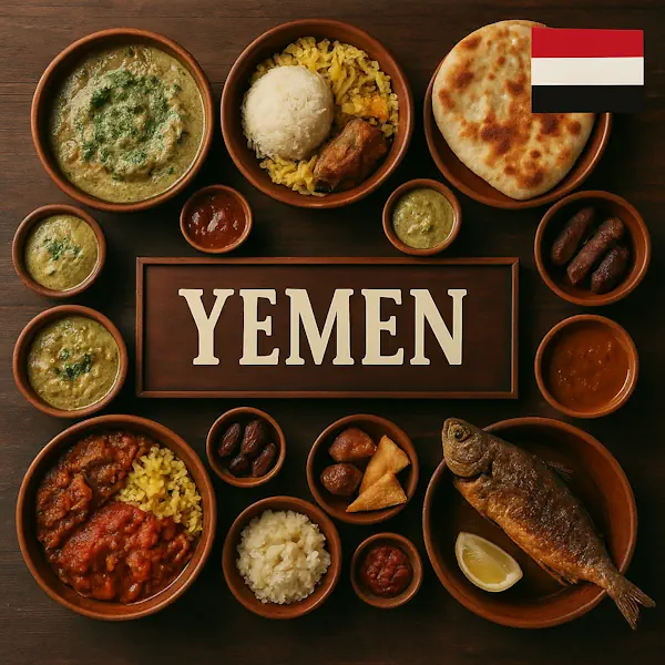 Authentic Yemeni cuisine flat lay with saltah stew, mandi rice, samak fish, flatbread, dates, samosas, and sauces in rustic wooden bowls, centered around YEMEN sign with the national flag.