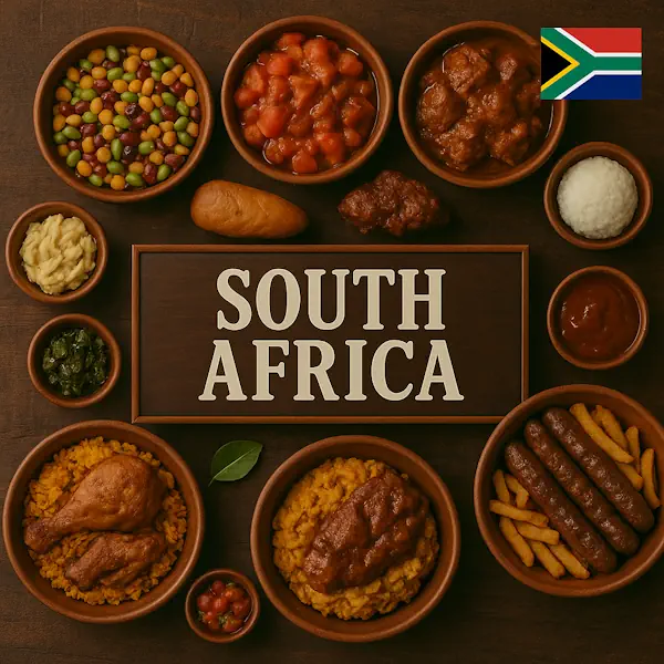 Authentic South African cuisine flat lay with braaied sausages, spiced chicken with yellow rice, chakalaka, tomato-onion salad, bean salad, pap, and stews in rustic wooden bowls, centered around SOUTH AFRICA sign with the national flag.